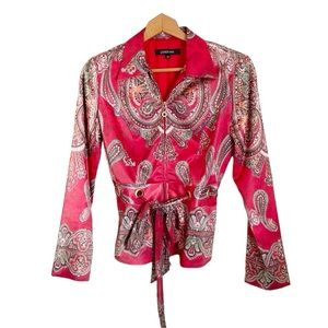Vintage Lauren Max Red Paisley Print Front Zip Belted Blazer Jacket size M